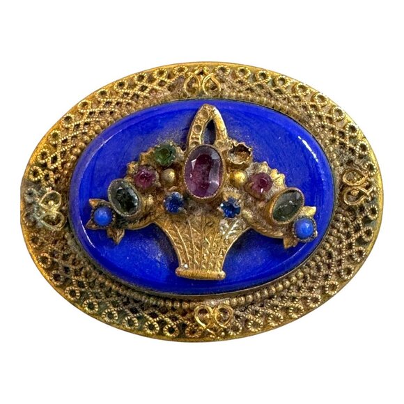 Antique Brass & Enamel Jewelry Trinket Box Amethyst Lapis Lazuli Gemstone READ - Picture 2 of 8